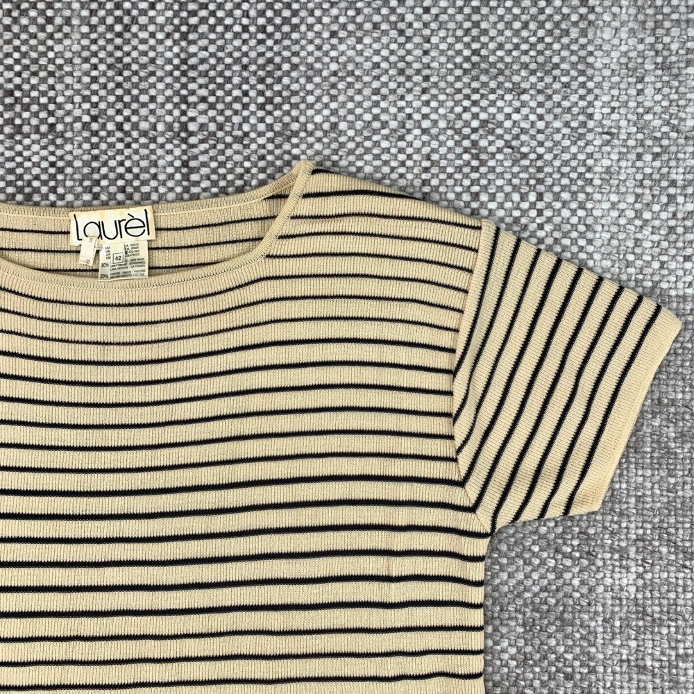 Laurel Knit Top Womens 42 Tan Black Striped Wool Blend Short Sleeve Germany